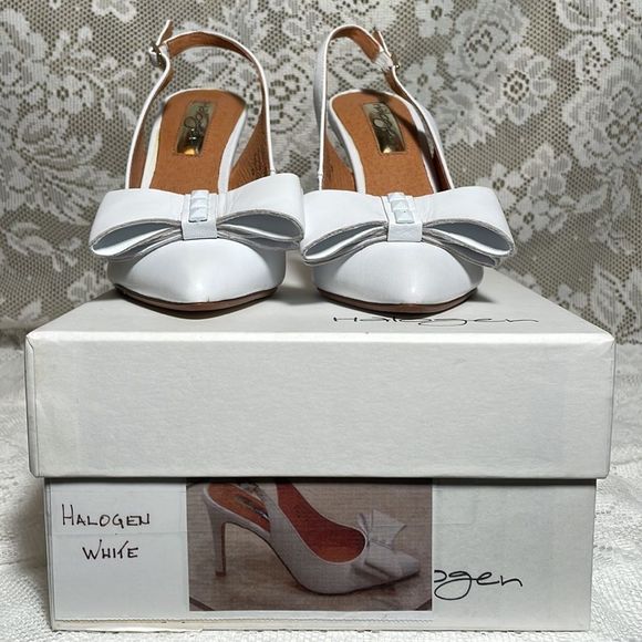 Halogen “Lila” Studded Bow White Leather Sling-Back Pumps - Size 4M - Picture 7 of 14